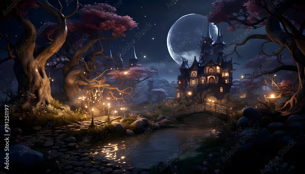 Fantasy castle in the forest at night with full moon. 3d rendering