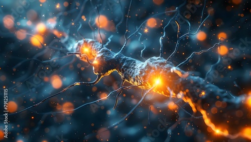 Neural tissue with neurons forming a network for electrical impulses and connections. Concept Neural Network, Electrical Impulses, Neurological Connections, Brain Cells, Nerve Signals photo