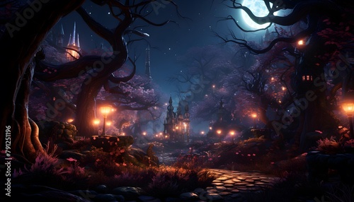 Halloween background with spooky forest and full moon. 3d rendering
