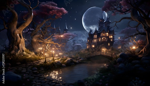 Fantasy castle in the forest at night with full moon. 3d rendering