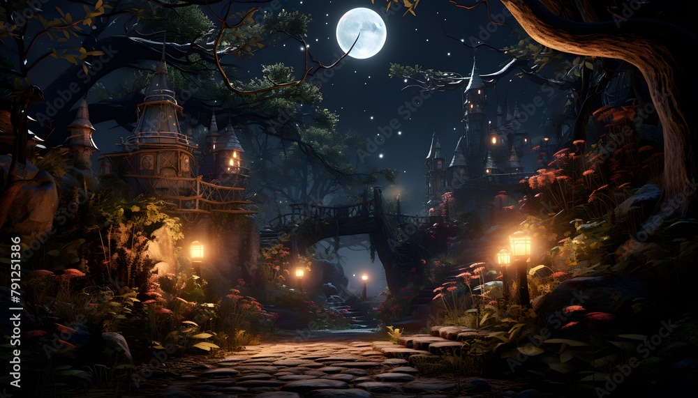 Fantasy night scene with a full moon. 3D Rendering