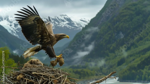 Golden Eagle Landing on Nest in Mountains. Majestic golden eagle prepares to land at its nest amidst the stunning backdrop of mountainous terrain. photo