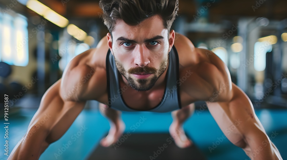 Fototapeta premium A fit man doing push-ups in a gym works his chest muscles