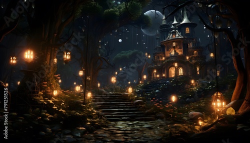 Fairy tale castle in the forest at night - 3D render