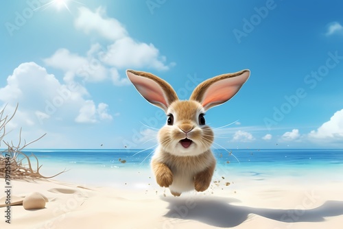 cartoon illustration, a rabbit is running on the beach