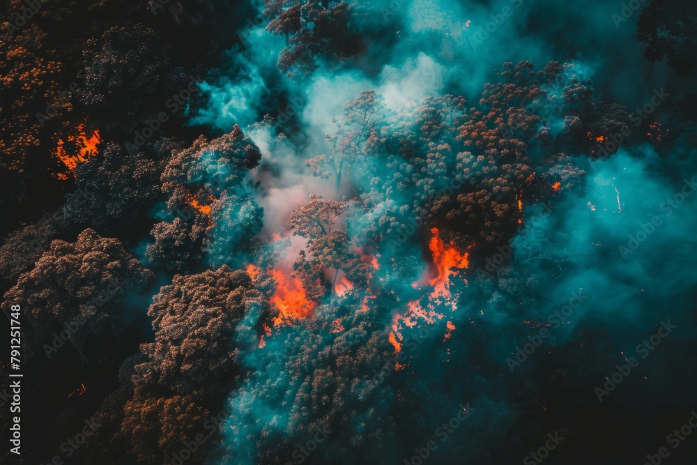 Obraz premium Wildforest fire burning forest trees eecological disaster smoke aerial view from helicopter danger death animals damage hazard blaze pollution tragedy