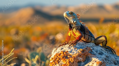 Vibrant Iguana Basking on Rocky Outcrop. Colorful iguana enjoys the warmth, perched atop a rocky outcrop with a backdrop of autumn foliage. photo
