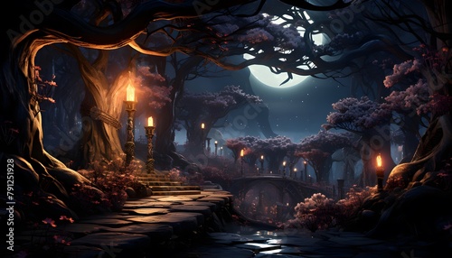 Fantasy Halloween night scene with old tree and full moon. 3D Rendering