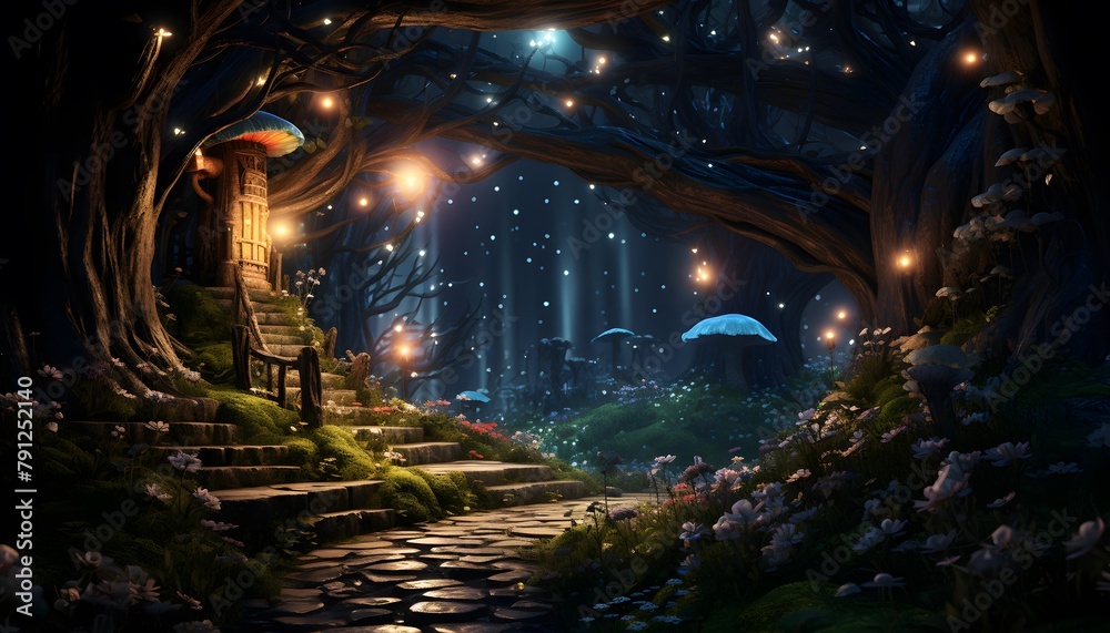 Fantasy night scene with a path in the forest. 3d rendering