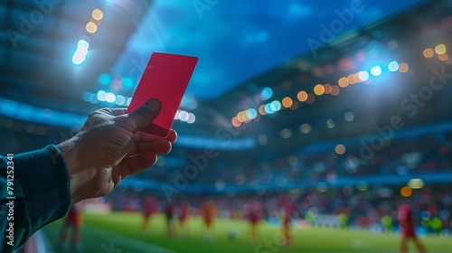 A photograph depicting a guy referee brandishing a red card over a backdrop of a football stadium sporting multiple lights on and space, Generative AI.