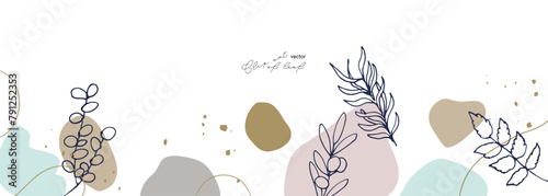 草木のベクターイラスト背景。アースカラーの韓国風おしゃれな背景。線画の草木イラスト。Vector illustration background of plants and trees. Stylish background in earth color Korean style. Line drawing grass and trees illustration.