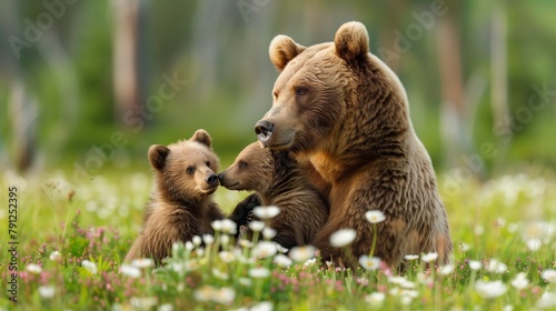 Mother Bear and Cubs Enjoying Meadow. Tender scene of a mother bear with her cubs in a meadow, highlighting the gentle side of these powerful creatures.