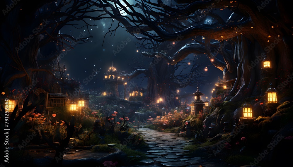 Illustration of a Halloween night scene with a full moon in the forest