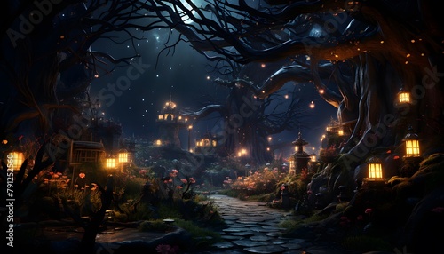 Illustration of a Halloween night scene with a full moon in the forest