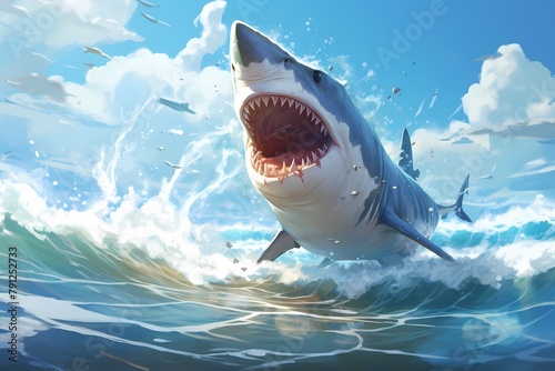 cartoon illustration  a shark is swimming on the beach