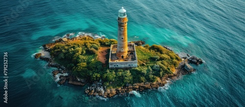 aerial view of the Lighthouse on a stretch of seaside Island photo