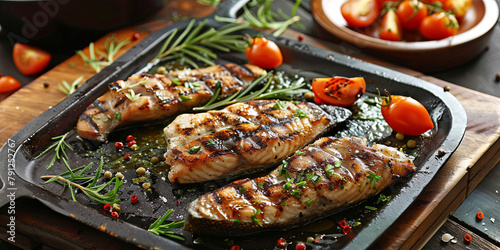 grilled fish on wooden board with herbs and tomatoes, generative AI