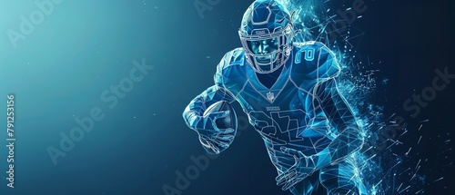 A modern art artwork depicting a man player pro sprinting with a rugby ball in a low polygonal layout over a setting of blue geometric wireframe components and space, Generative AI. photo