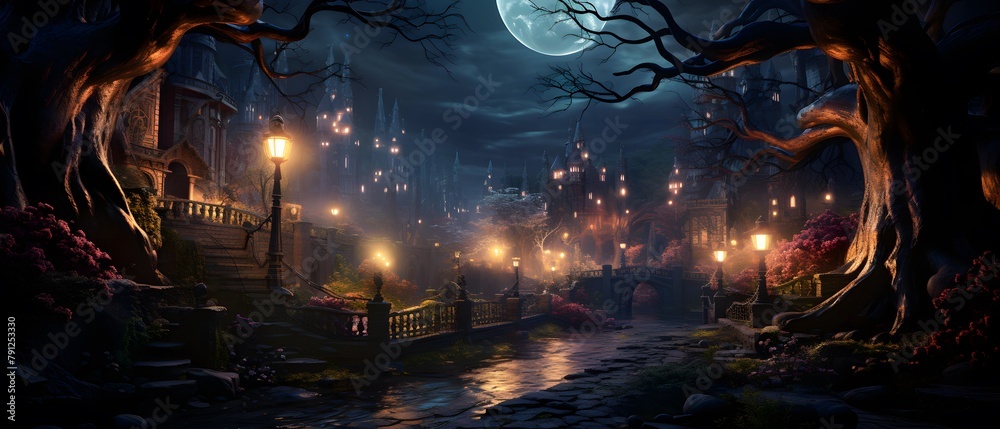 Halloween night scene with full moon and full moon, 3d rendering