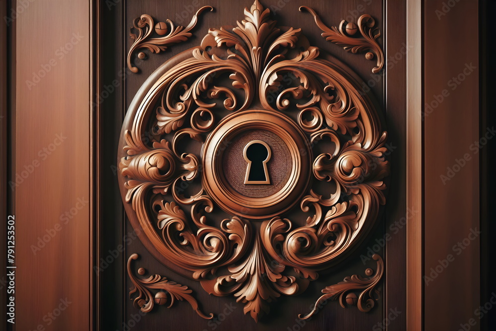 a wooden door with a keyhole and a decorative design a wooden door with a keyhole and a decorative design