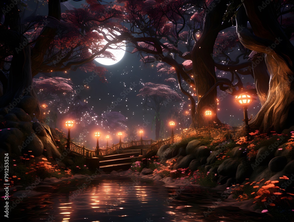 Illustration of a Japanese garden at night with full moon in the background
