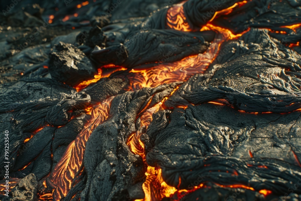 Naklejka premium Hot molten lava streaming volcano eruption stream hot boiling magma venus other planet surface destruction flowing fire flame heat danger glowing cosmic