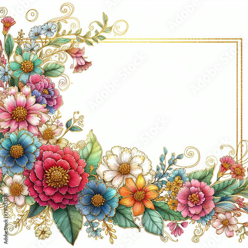 drawing of Watercolor colorful flower background with golden frame linear sketch doodle, copy space for text on white background vector