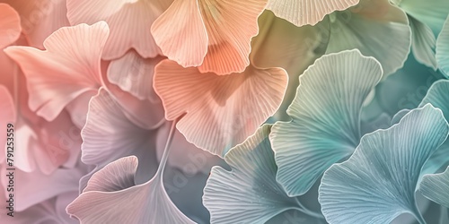 A close shot of ginkgo leaves with pastel color on each leaves and blurry backdrop with a big space for text or product advertisement background, Generative AI.