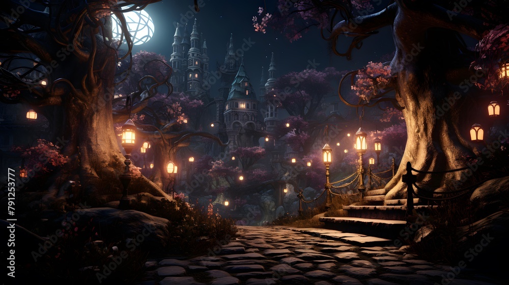 3D illustration of a fantasy forest with a path leading to the moon ...