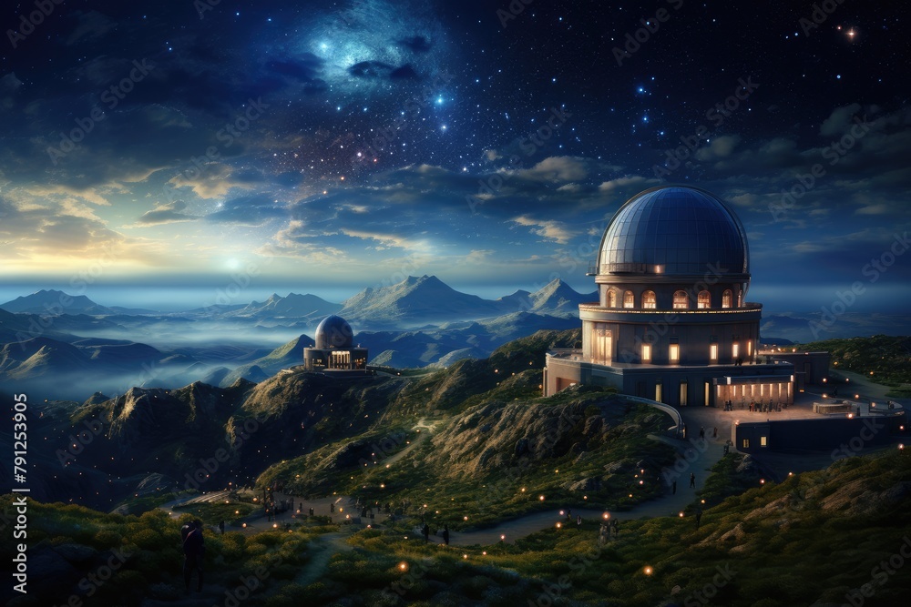 Obraz premium Celestial Observatory: A castle with telescopes observing the cosmos.