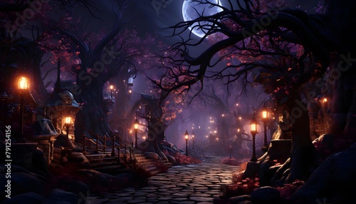 Scary Halloween background with full moon and spooky forest. 3D Rendering