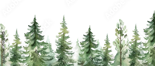 watercolor green pine forest landscape banner