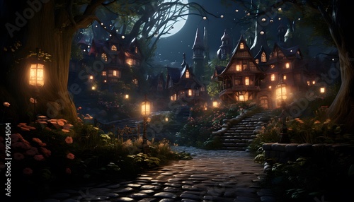 Fairy tale village at night with lanterns. 3d rendering