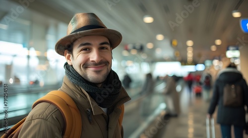 Male traveler portrait carrying a backpack at the airport