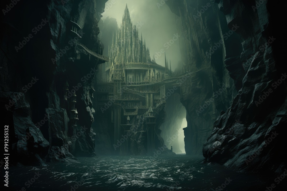 Abyssal Abyss: A castle at the edge of a bottomless abyss. - obrazy, fototapety, plakaty 