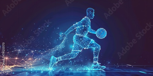 A modern art artwork depicting a man player pro  sprinting with a basketball  in a low polygonal layout over a setting  of blue geometric wireframe components and space  Generative AI.
