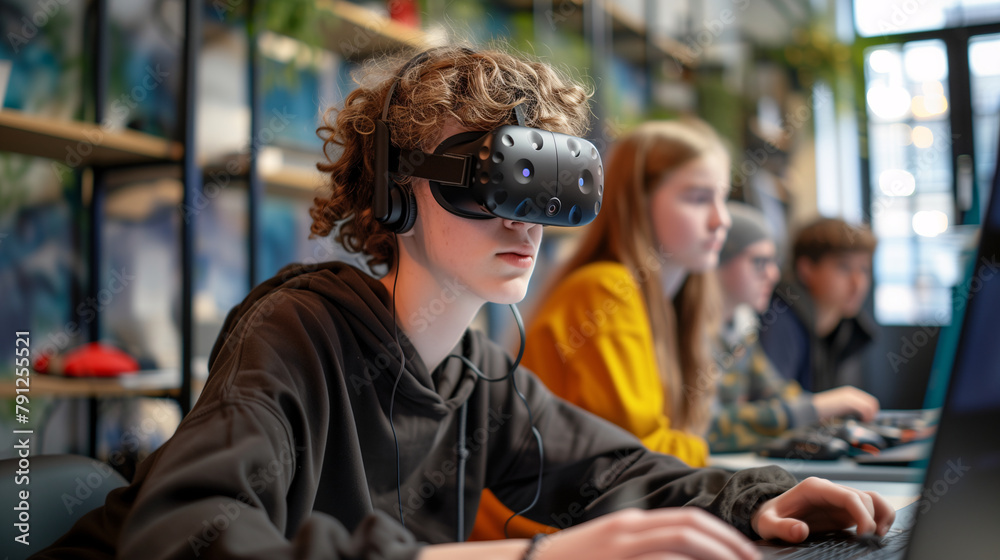 Student Engaging with Educational VR Technology. Young student is immersed in an educational virtual reality experience, using a VR headset in a classroom setting with peers.