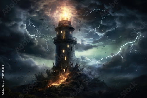 Stormy Wizard Tower: A wizard's tower with lightning crackling around it.