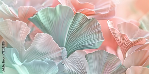 A close shot of ginkgo leaves with pastel color on each leaves and blurry backdrop with a big space for text or product advertisement background, Generative AI. photo