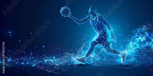 A modern art artwork depicting a man player pro sprinting with a basketball in a low polygonal layout over a setting of blue geometric wireframe components and space, Generative AI.