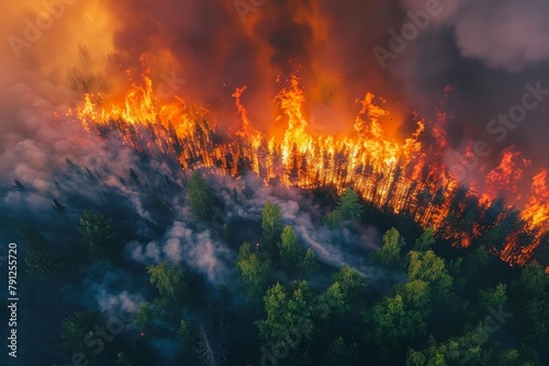 Wildforest fire burning forest trees eecological disaster smoke aerial view from helicopter danger death animals damage hazard blaze pollution tragedy