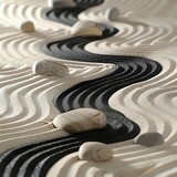 Zen garden with sand patterns resembling stock market charts and stones as financial milestones