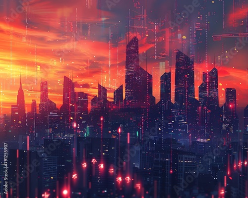 Stylized cityscape with buildings made of rising and falling stock graphs against a twilight sky #791255907
