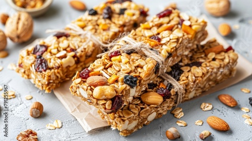 Granola bars stacked on a surface photo