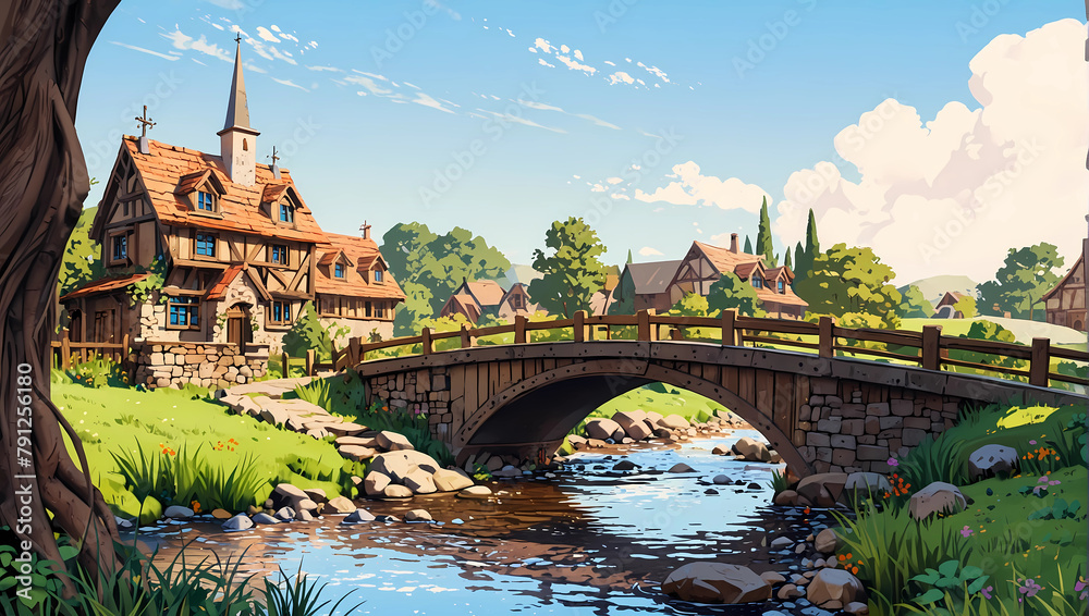 traditional English village with arched bridge, stream and half-timbered, medieval buildings painting sketch illustration