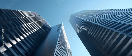 A low angle view of two modern buildings side by side a big space with sky for text and product advertisement backdrop, Generative AI.