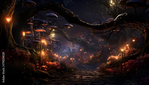 3D illustration of a fantasy landscape with a dark forest and a dead tree