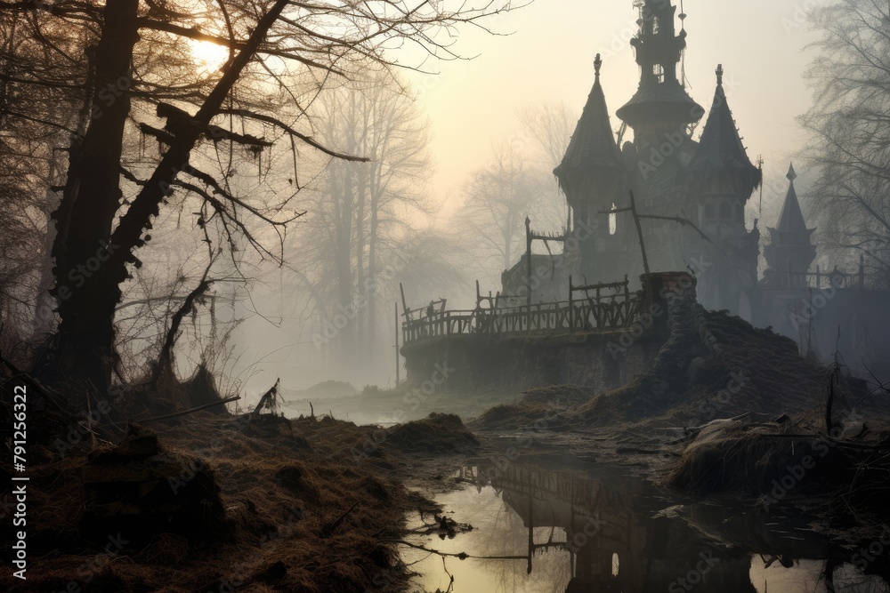 Naklejka premium Cursed Swamp: A castle on the outskirts of a mysterious, fog-covered swamp.
