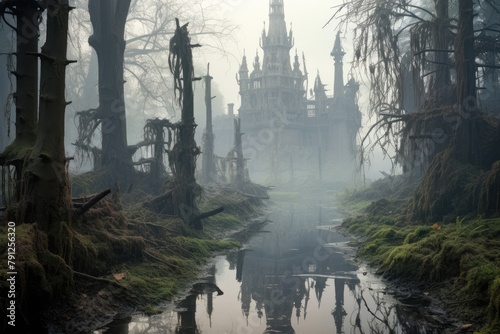 Cursed Swamp: A castle on the outskirts of a mysterious, fog-covered swamp. photo