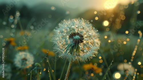 Sunrise dew on dandelion fluff amidst glowing meadow captures nature s serene beauty